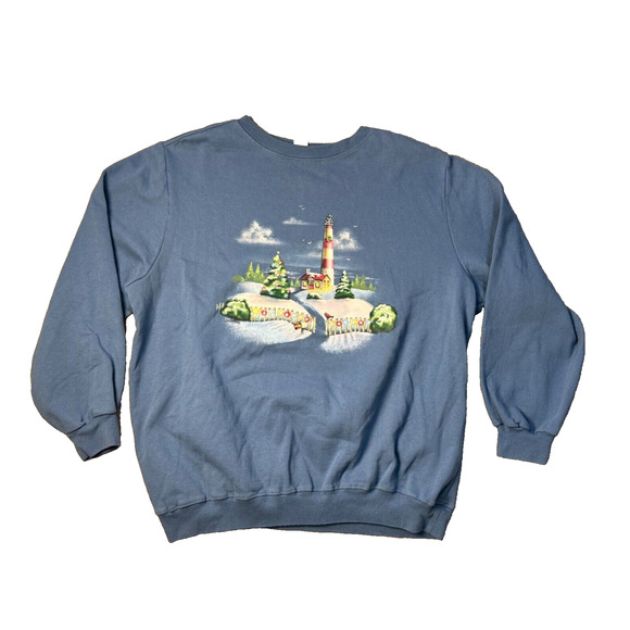 Christmas Lighthouse Coastal Beach Blue Sweatshirt XL Vtg Blair Grandma Retro - Picture 1 of 5